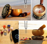 Tibetan Singing Bowl Set - Rose Quartz Pendulum Necklace and 7 chakra healing crystal stones - Handcrafted in Nepal for Meditation, Mindfulness, Yoga, Spiritual Healing and Stress Relief 4" Bronze