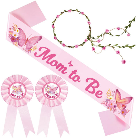 Butterfly Theme Mom to Be Sash Baby Shower Dad to Be Pin and Pink Flower Crown Headband for Gender Reveals Party Baby Shower Party Favors Decorations for Girls Pregnancy Photo Props Keepsake Gifts