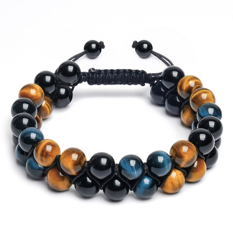 Vicsoon Bracelets for Men Women, Triple Protection Bracelet with 8mm Blue Yellow Tigers Eye Black Obsidian, Adjustable Healing Stone Handmade Bracelet, Beads Crystal Jewelry Bring Luck and Happiness Blue Yellow Black