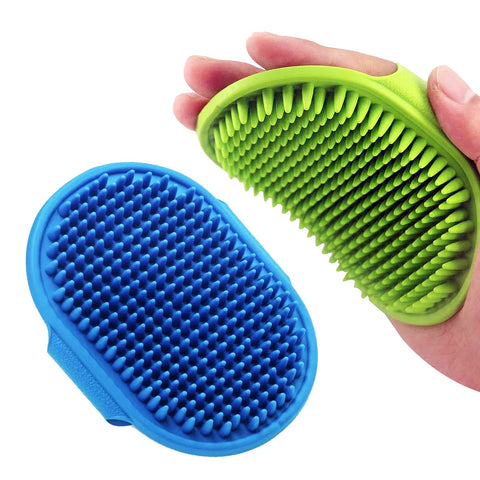 2 PCS Dog Bath Brush Dog Grooming Brush, Lilpep Pet Shampoo Bath Brush Soothing Massage Rubber Comb with Adjustable Ring Handle for Long Short Haired Dogs and Cats pack of 2 Blue+Green
