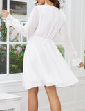 Womens 2023 Swiss Dot Mini Dress Bell Short Sleeve V Neck Chiffon Wrap Elastic High Waist Casual Swing A Line Dresses White-long Sleeve Large