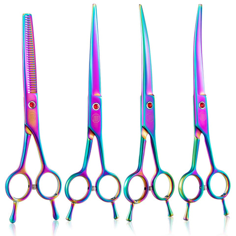 Moontay 4-in-1 Dog Grooming Scissors Set, 7" Reversible Cat Pets Curved, Thinning/Blending, Straight Cutting Shears for Trimming Full Body, Professional Quality, Multi-colored Thinner Set-multicolor