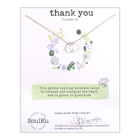 SoulKu Handcrafted Necklace, Empowerment Jewelry With Healing Crystal, Inspirational Jewelry For Women, Mom & Sister Gifts, 2" Extender With Lobster Clasp, 16" Nylon Cord (Thank you, Fluorite)