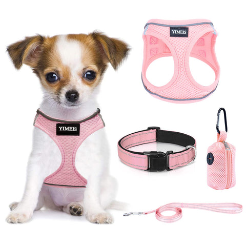 XS Small Dog Harness and Leash Set with Poop Bag Holder and Collar - No Pull Soft Mesh Pet Harness, Reflective Adjustable Puppy Vest for Puppy X-Small (Pack of 1) Pink-UPdate