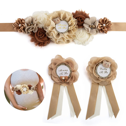 QuaComent Mommy to Be Sash, Baby shower decorations 3PCS Teddy Baby Shower decorations for Girl - Mom to be sash shower for Boy, Baby shower decorations favors Brown Teddy Photo Props Gift