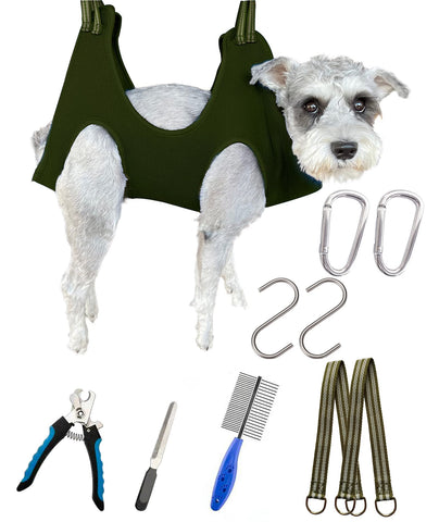 Kkiimatt 10 in 1 Pet Grooming Hammock Harness with Nail Clippers/Trimmer, Nail File, Comb,Dog Nail Hammock, Dog Grooming Sling for Nail Trimming/Clipping (S/Under 30lb, Khaki Green) S/under 30lb