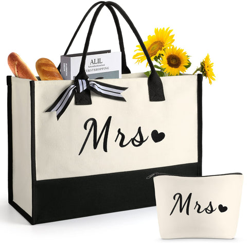 Mrs Bride Can-vas Embroidery Tote Bag w Makeup Bag, Inner Pocket Gift Box Card Set, Christmas Personalized Bridesmaid Gifts, Bride to be Gifts, Bachelorette Party, Miss to Mrs, Bridal Shower Gift