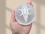 Selenite Crystal Charging Plate For Crystals And Healing Stones, 4.5" Selenite Crystal Plate Engraved Goddess Moon Coaster For Home Office Table Decor (Selenite Round Disc)