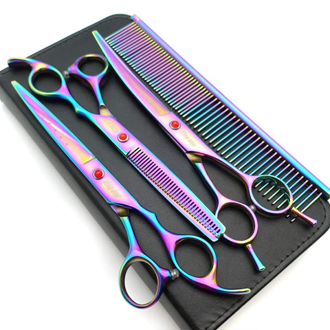 7.0in Titanium Professional Pet Grooming Scissors Set,Straight & Thinning & Curved Scissors 3pcs Set for Dog Grooming,A349 (Rainbow) 7 inches 7 Inches Rainbow Set