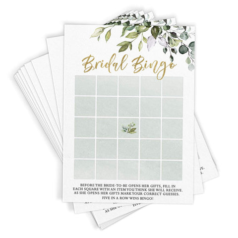 Bridal Shower Bingo Game, Set of 50 Cards, Greenery Eucalyptus Bridal Shower Game and Activity, Fun, Unique, and Easy to Play