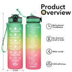 Hyeta 32 oz Water Bottles with Times to Drink and Straw, Motivational Water Bottle with Time Marker, Leakproof & BPA Free, Drinking Sports Water Bottle for Fitness, Gym & Outdoor Pink-Green