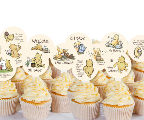 Winnie Quotations Cupcake Toppers 48 Pcs 12 Designs Classic Pooh Baby Shower Decorations Cute 1 St Birthday Party Supplies For Kids Dessert Favor