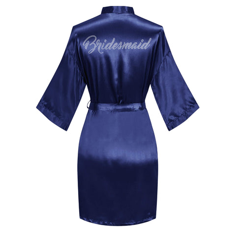 Goodsaleok Women's Satin Robe Short Kimono for Bride & Bridesmaid with Silver Rhinestones, Wedding Party Robes Dark Blue