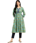 rangita Women Rayon Floral Printed Calf Length Tiered Kurti with Contrast Placket and Side Tie Ups