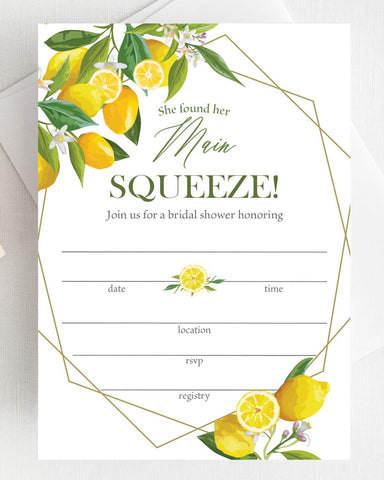 Set of 25 Lemon Theme Bridal Shower Invitations with Envelopes — Main Squeeze Bridal Shower Invitations with Envelopes