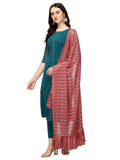 FIORRA Women's Teal Blue Poly Crepe Straight Kurta with Pant and Dupatta SET0037