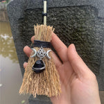 Crystal Witch Wiccan Altar Broom -Mini Wicca Car Trim Pendant Crystal Wand Points Broom Healing Home Halloween Decor Obsidian