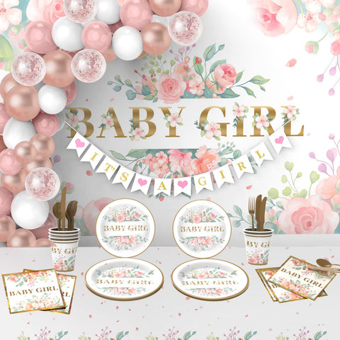 Baby Shower Decorations for Girl，242 PCS of Floral Girl Baby Shower Decorations Party Supplies with Background,Tablecloth,"It's A Girl" Banner, Balloons Wreath and Disposable Tableware（25 guests)