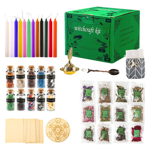 YIIA Witchcraft Supplies Kit for Wiccan Spells - Wiccan Altar Box of 12 Colored Candles, 12 Dried Herbs and 10 Crystals for Beginners or Witches Spells Supplies, Pagan Decor