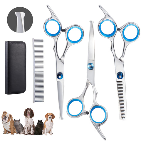 Dog Grooming Scissors Kit, 4 in 1 Sharp and Durable Dog Shears, Thinning, Straight, Curved Shears, Combs for Dogs, Cats. curved Scissors
