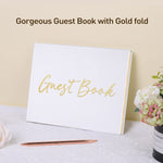JUBTIC Wedding Guest Book with Gold Foil — Registry Sign-in Book for Reception, Party of Anniversary,Birthday,Baby Shower — Memorial Guestbook with Gilded Edges, 1 Metal Pen, Hardcover Design, 7" x10″ Pearl