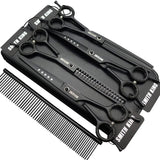 7.0 inches Professional Dog Grooming Scissors Set Straight & thinning & Curved & chunkers & comb 5pcs in 1 Set for left-handed & right handed Right-handed Black