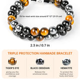 SIBOST Triple Protection Bracelet,Tiger's Eye,Obsidian,Hematite for Protection,Bring Luck and Happiness, 8mm Handmade Crystal Healing bracelet for Women Men Yellow
