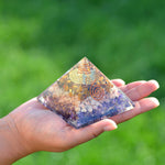 Orgonite Crystal Ultimate Triple Pyramid with Tiger Eye, Sunstone and Amethyst Healing Crystals