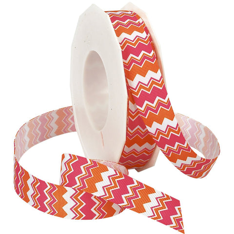 Morex Ribbon Chevron Printed Grosgrain Ribbon, 7/8-Inch by 20-Yard Spool, Orange/Hot Pink (98022/20-620)
