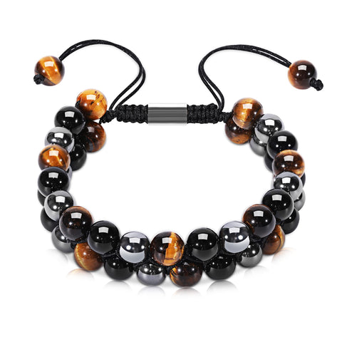 Ckkllws Triple Protection Bracelet for Men Women,Genuine Tigers Eye Obsidian and Hematite 8mm Beads Healing Crystal Bracelet,Bring Luck and Prosperity and Happiness(8mm,Double layer) 8mm,Double layer