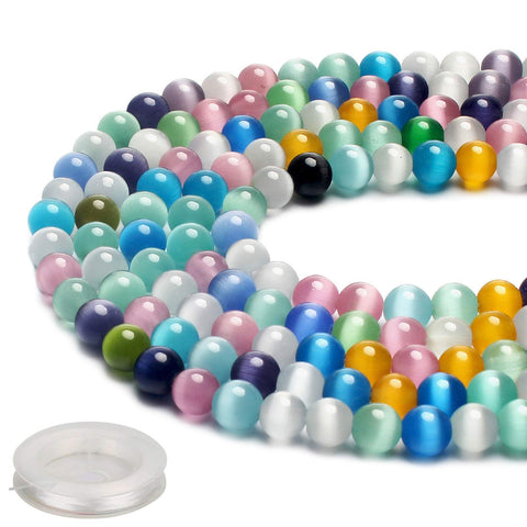 38PCS Natural 10MM Healing Gemstone, Synthetic Cat’s Eye Energy Stone Round Loose Beads, Semi-Precious Crystal Beads with Free Elastic String for Jewelry Making DIY