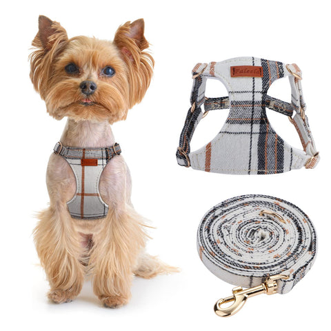 Faleela No Pull Plaid Fabrics Dog Harness- Lightweight and Soft Dog Harness, Adjustable Small Dog Harness and Leash Set,Suitable for Puppy Small and Medium-Sized Dog and Cat (Beige, XS) Beige