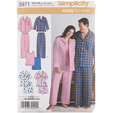 Simplicity Easy To Sew Men and Women's Matching Pajamas Sewing Patterns, Sizes XL-XXL BB (XL-XXL-XXXL)