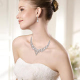 BriLove Women's Wedding Bridal Austrian Crystal Teardrop Cluster Statement Necklace Dangle Earrings Jewelry Set 01-Clear Silver-Tone
