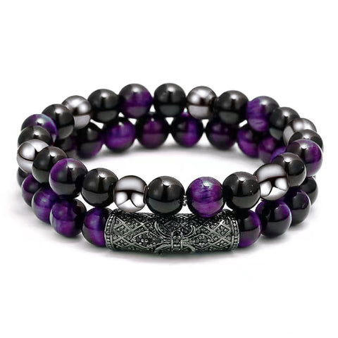 2Pcs Triple Protection Bracelet,Natural Tigers Eye Black Obsidian and Hematite 8 MM Beads Bracelet for Men Women Gift, Healing Crystal Bracelet Bring Luck and Prosperity and Happiness (Purple) Purple