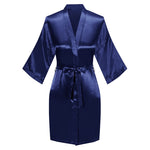 Goodsaleok Women's Satin Robe Short Kimono for Bride & Bridesmaid with Silver Rhinestones, Wedding Party Robes Dark Blue