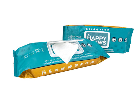 Happy Paws - Natural Pet Wipes for Dogs and Cats. Biodegradable Grooming Wipes for Paws, Eyes, Ears, Glands, and Coat. Large and Durable Cleansing Cloths for Essential Pet Care. 40 Count Pull Pack