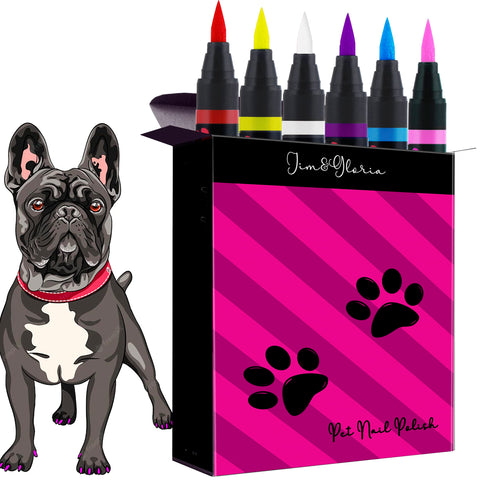 Jim&Gloria Dog Nail Polish Set, Non-Toxic, Quick Dry. 6 Matte Colors Pens Pink, Purple, White, Yellow, Blue, Red. Ideal Gifts for Pet Costume, Birthday Supplies, Thanksgiving and Christmas.