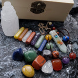 17pcs Natural Healing Crystals Set in Wooden Box, Chakra Crystal Wands Point, Tumbled Stones, Selenite Tower, Chakra Pendulum & Bracelet Balancing Meditation