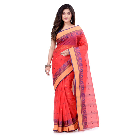 dB DESH BIDESH Women`s Traditional Bengal Tant Woven Minakari Kolka Design Pure Handloom Cotton Saree Without Blouse Piece