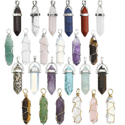 Lezam 24 Pcs Healing Chakra Crystal Pendant Hexagonal Pointed Natural Bullet Shaped Gemstone Wire Wrapped Quartz Stone Charm Pendants for Necklace Jewelry Making(12-12) 24-A