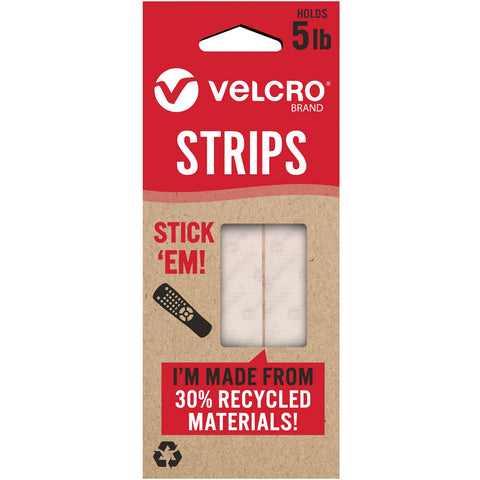 VELCRO Brand ECO Collection Stick On Adhesive Strips 2 1/2in x 3/4in, Sustainable 30% Recycled Material, 8ct White Stick 'Em!