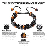 Ckkllws Triple Protection Bracelet for Men Women,Genuine Tigers Eye Obsidian and Hematite 8mm Beads Healing Crystal Bracelet,Bring Luck and Prosperity and Happiness(8mm,Double layer) 8mm,Double layer