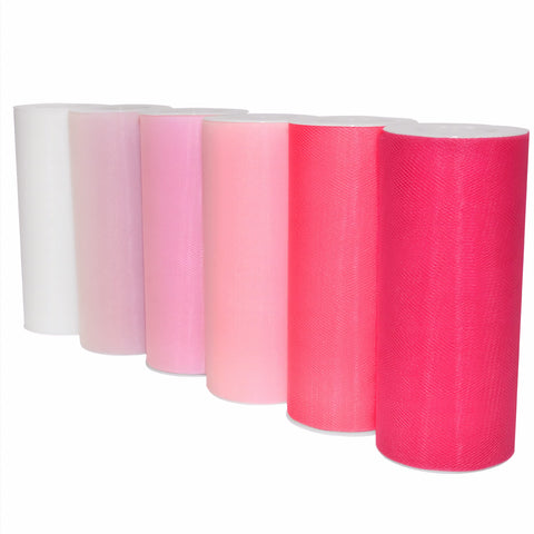 Morex Ribbon Pink Ombre' Tulle 6 Pack, Nylon, 6" by 150 yd Total, White/Lt. Pink/Tulip/Pink/Shocking Pink/Cerise, Item 1366p6-606 Morex Ribbon Tulle Ribbon Rolls, 3 or 6 Pack 6 pack, 6"x 150 yd