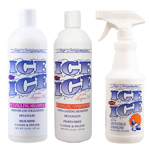 Chris Christensen Ice on Ice Shampoo & Conditioner 16 oz Bundle, Ice on Ice Detangling Shampoo + Detangling Conditioner + Dentangling/Finishing Spray, Groom Like a Professional, Made in USA