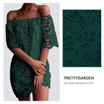 PRETTYGARDEN Women's Summer Off Shoulder Vintage Floral Lace Flare Short Sleeve Loose Elegant Mini Dress Green X-Large