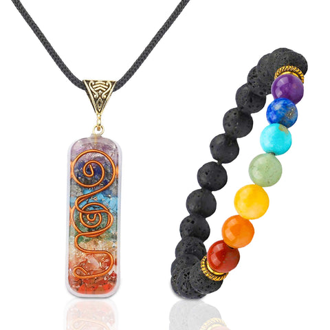 Crystal Vibe 7 Chakra Necklace and Bracelet Set for Women & Men - Spiritual Healing Pendant Necklace with Adjustable Cord - Stretchable chakra Bracelet - Chakra Crystals jewelry Handmade