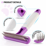 Poodle Pet Dog Grooming Rake| Dematting Tool with Stainless Steel Shedding Comb for Pets | 2 Rows of Pins Gently Remove Loose or Tangled Hair from Undercoat | Purple Handle