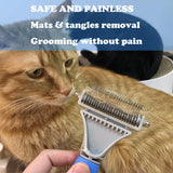 Pet Dematting Comb - 2 Sided Undercoat Rake for Cats & Dogs - Safe Grooming Tool for Easy Mats & Tangles Removing - Medium and Long Haired Cats Dogs Brush for Shedding Blue