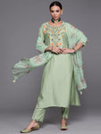 INDO ERA Women's Silk Blend Floral Straight Kurta Pant with Dupatta Set